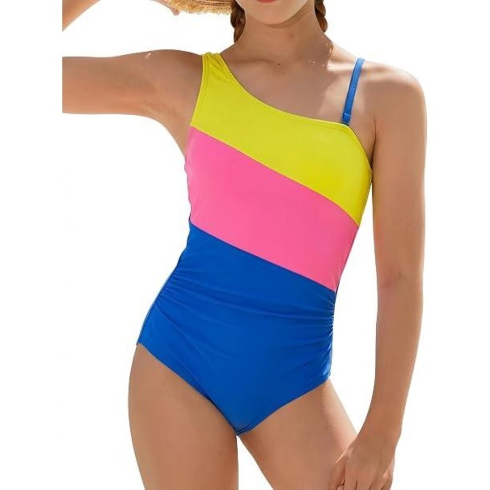 Girls Colorblock One Shoulder One Piece Swimsuit Yellow‎ Pink Blue Size 14Y